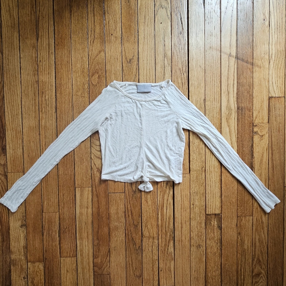 Nollie White Ribbed Cropped Tied Long Sleeve Top